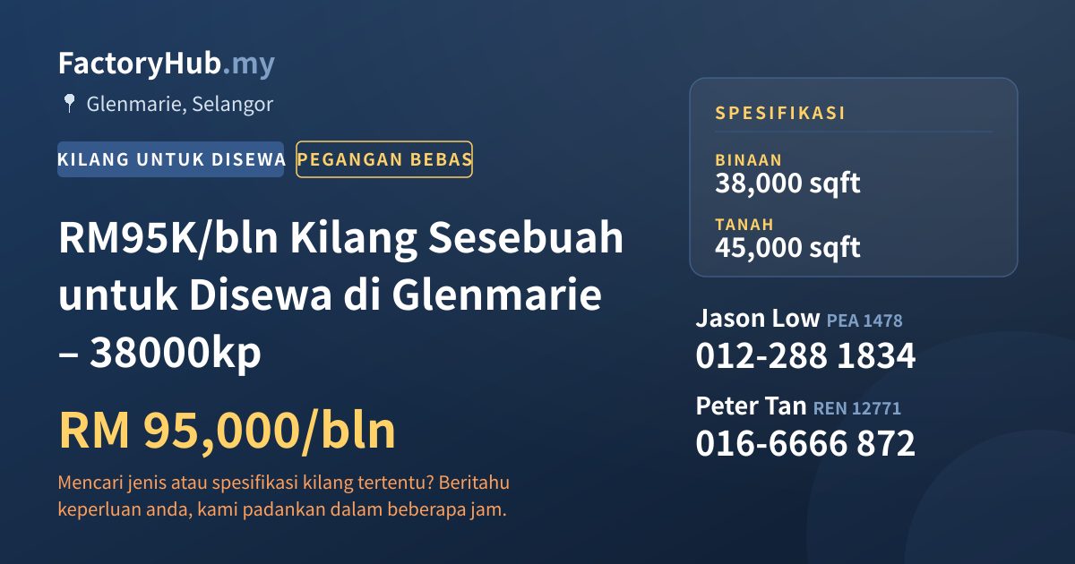 Kilang Untuk Disewa - RM95K/bln Kilang Sesebuah untuk Disewa di Glenmarie – 38000kp - Glenmarie, Selangor