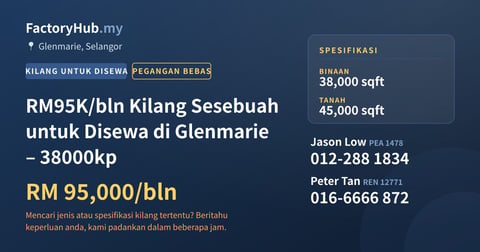 Kilang Untuk Disewa - RM95K/bln Kilang Sesebuah untuk Disewa di Glenmarie – 38000kp - Glenmarie, Selangor