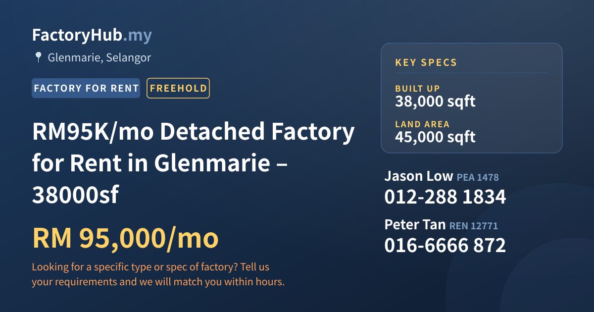 Factory For Rent - RM95K/mo Detached Factory for Rent in Glenmarie – 38000sf - Glenmarie, Selangor