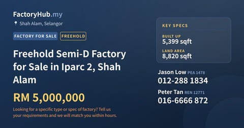Factory For Sale - Freehold Semi-D Factory for Sale in Iparc 2, Shah Alam - Shah Alam, Selangor