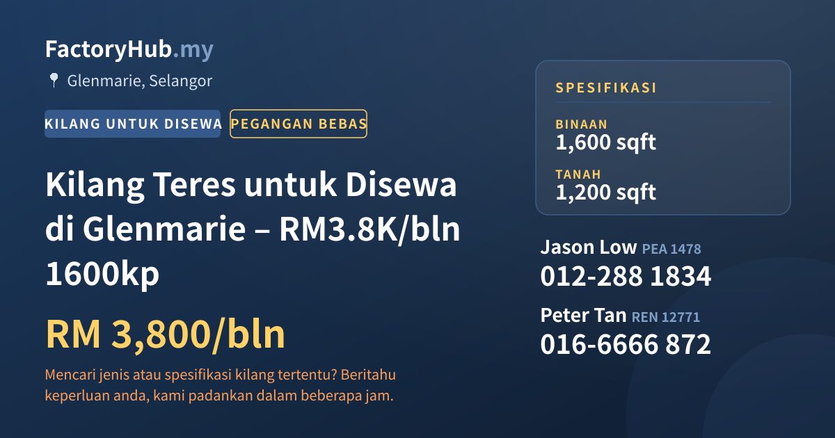 Kilang Untuk Disewa - Kilang Teres untuk Disewa di Glenmarie – RM3.8K/bln 1600kp - Glenmarie, Selangor