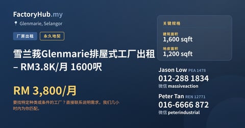 工厂 出租 - 雪兰莪Glenmarie排屋式工厂出租 – RM3.8K/月 1600呎 - Glenmarie, Selangor