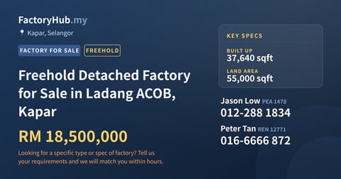 Factory For Sale - Freehold Detached Factory for Sale in Ladang ACOB, Kapar - Kapar, Selangor