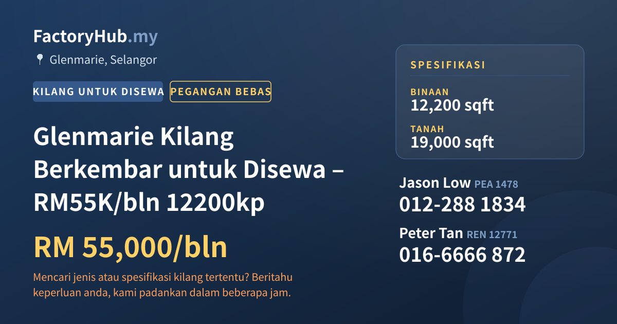 Kilang Untuk Disewa - Glenmarie Kilang Berkembar untuk Disewa – RM55K/bln 12200kp - Glenmarie, Selangor