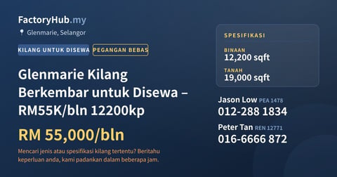 Kilang Untuk Disewa - Glenmarie Kilang Berkembar untuk Disewa – RM55K/bln 12200kp - Glenmarie, Selangor