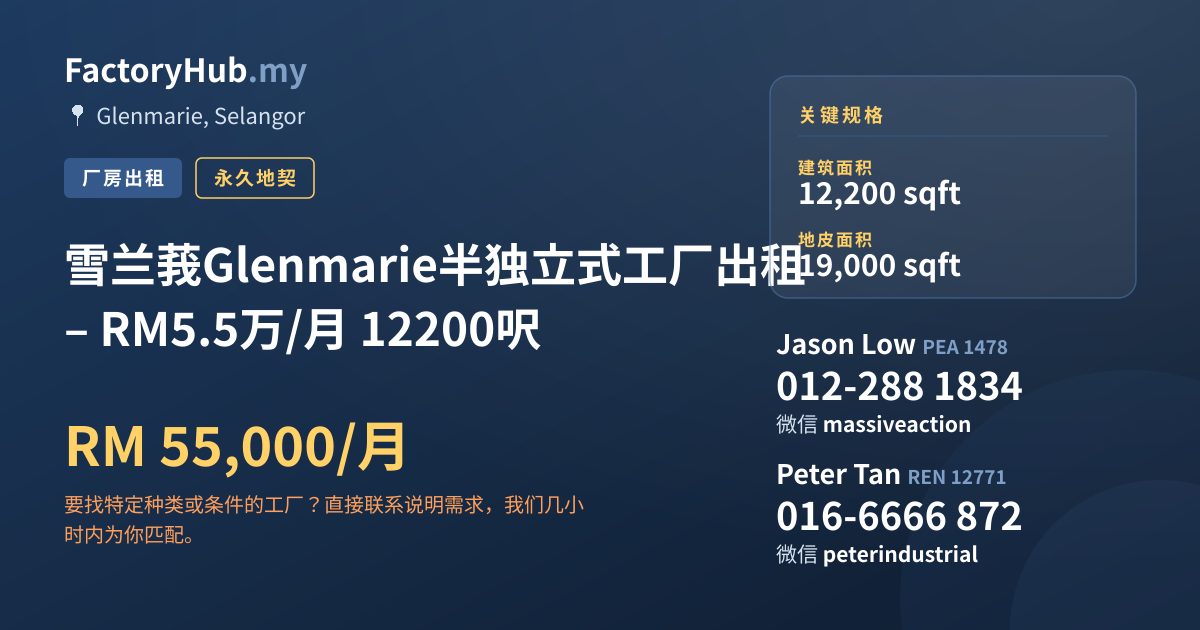 工厂 出租 - 雪兰莪Glenmarie半独立式工厂出租 – RM5.5万/月 12200呎 - Glenmarie, Selangor