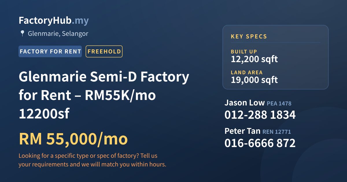 Factory For Rent - Glenmarie Semi-D Factory for Rent – RM55K/mo 12200sf - Glenmarie, Selangor