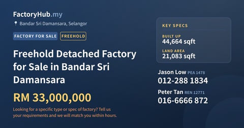 Factory For Sale - Freehold Detached Factory for Sale in Bandar Sri Damansara - Bandar Sri Damansara, Selangor