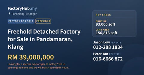 Factory For Sale - Freehold Detached Factory for Sale in Pandamaran, Klang - Port Klang, Selangor