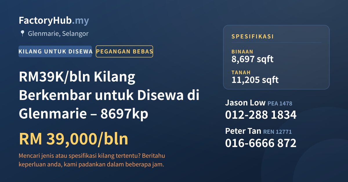 Kilang Untuk Disewa - RM39K/bln Kilang Berkembar untuk Disewa di Glenmarie – 8697kp - Glenmarie, Selangor