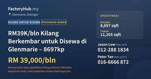 Kilang Untuk Disewa - RM39K/bln Kilang Berkembar untuk Disewa di Glenmarie – 8697kp - Glenmarie, Selangor
