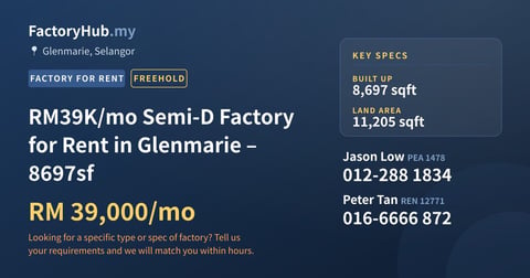 Factory For Rent - RM39K/mo Semi-D Factory for Rent in Glenmarie – 8697sf - Glenmarie, Selangor