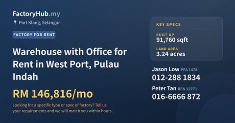 Factory For Rent - Warehouse with Office for Rent in West Port, Pulau Indah - Port Klang, Selangor