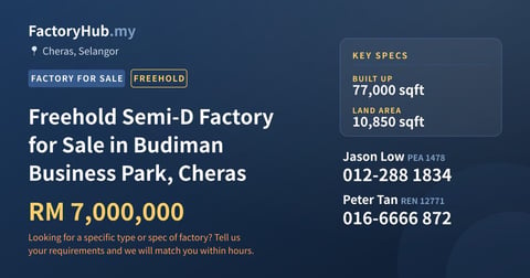 Factory For Sale - Freehold Semi-D Factory for Sale in Budiman Business Park, Cheras - Cheras, Selangor