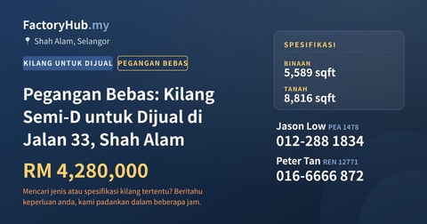 Kilang Untuk Dijual - Pegangan Bebas: Kilang Semi-D untuk Dijual di Jalan 33, Shah Alam - Shah Alam, Selangor