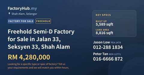 Factory For Sale - Freehold Semi-D Factory for Sale in Jalan 33, Seksyen 33, Shah Alam - Shah Alam, Selangor