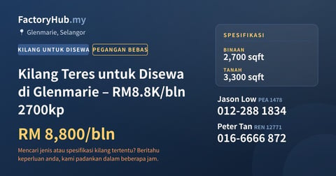 Kilang Untuk Disewa - Kilang Teres untuk Disewa di Glenmarie – RM8.8K/bln 2700kp - Glenmarie, Selangor