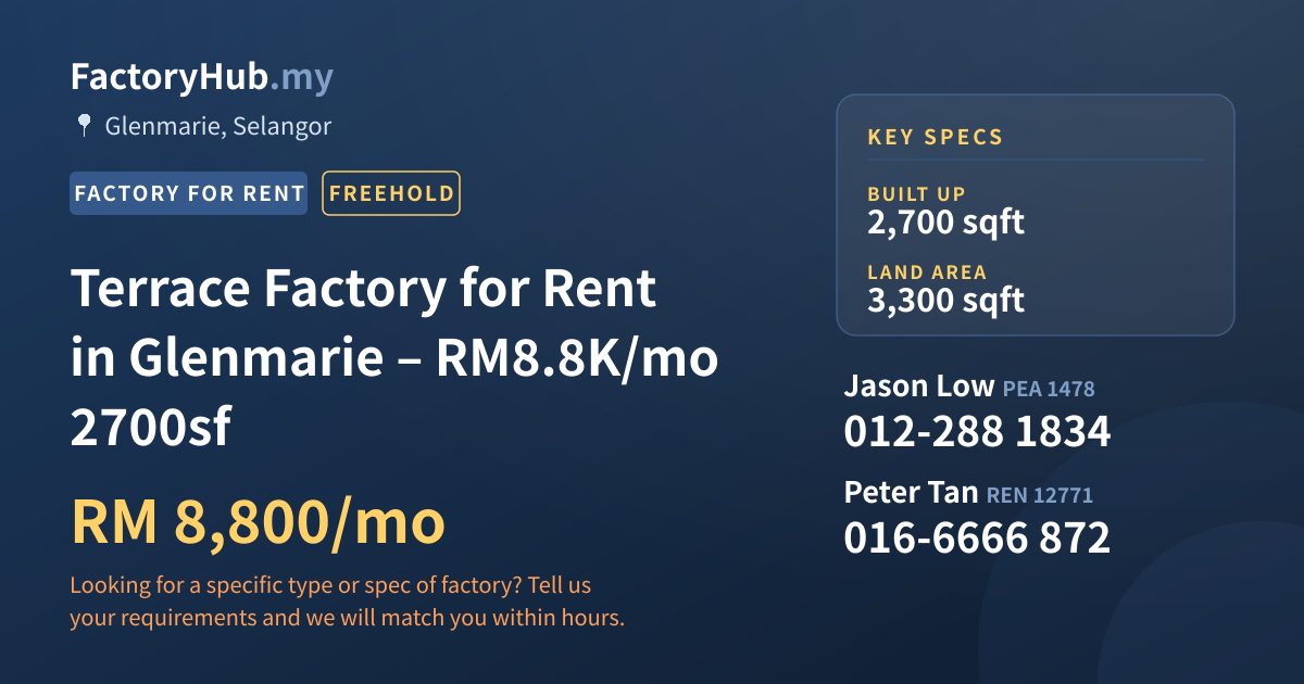 Factory For Rent - Terrace Factory for Rent in Glenmarie – RM8.8K/mo 2700sf - Glenmarie, Selangor