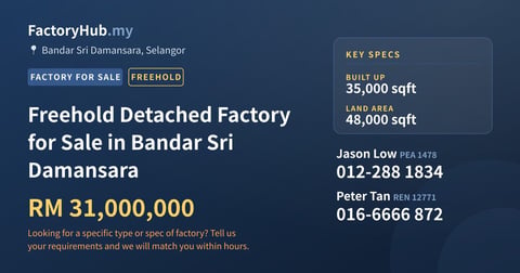 Factory For Sale - Freehold Detached Factory for Sale in Bandar Sri Damansara - Bandar Sri Damansara, Selangor