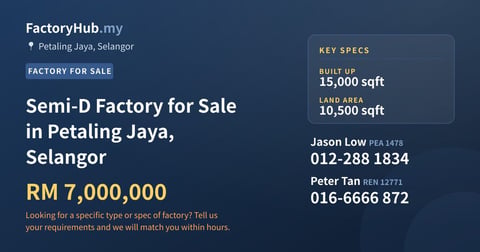 Factory For Sale - Semi-D Factory for Sale in Petaling Jaya, Selangor - Petaling Jaya, Selangor
