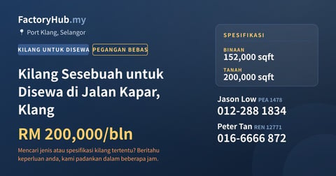 Kilang Untuk Disewa - Kilang Sesebuah untuk Disewa di Jalan Kapar, Klang - Port Klang, Selangor