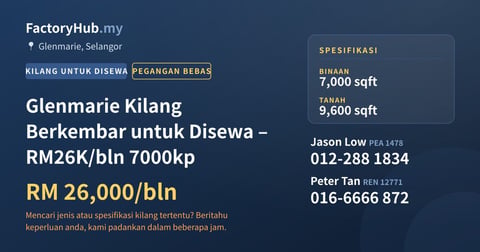 Kilang Untuk Disewa - Glenmarie Kilang Berkembar untuk Disewa – RM26K/bln 7000kp - Glenmarie, Selangor
