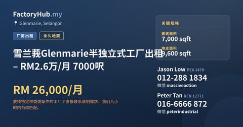工厂 出租 - 雪兰莪Glenmarie半独立式工厂出租 – RM2.6万/月 7000呎 - Glenmarie, Selangor