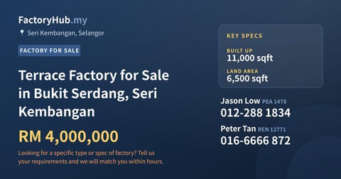 Factory For Sale - Terrace Factory for Sale in Bukit Serdang, Seri Kembangan - Seri Kembangan, Selangor