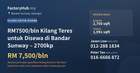 Kilang Untuk Disewa - RM7500/bln Kilang Teres untuk Disewa di Bandar Sunway – 2700kp - Bandar Sunway, Selangor