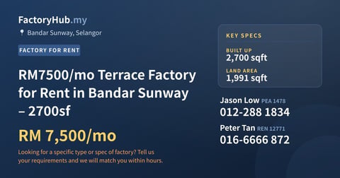 Factory For Rent - RM7500/mo Terrace Factory for Rent in Bandar Sunway – 2700sf - Bandar Sunway, Selangor