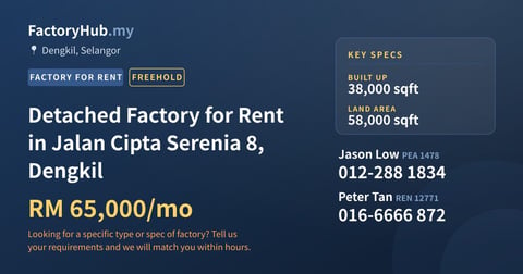 Factory For Rent - Detached Factory for Rent in Jalan Cipta Serenia 8, Dengkil - Dengkil, Selangor