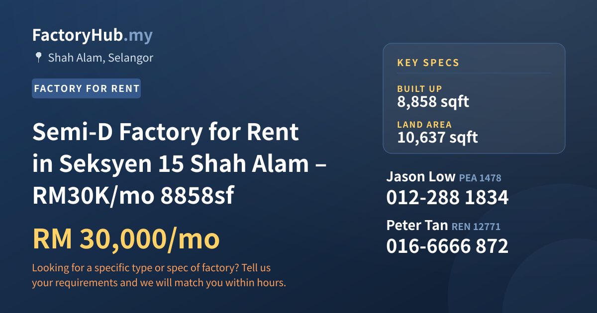 Factory For Rent - Semi-D Factory for Rent in Seksyen 15 Shah Alam – RM30K/mo 8858sf - Shah Alam, Selangor