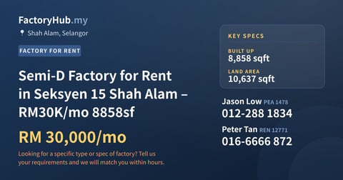 Factory For Rent - Semi-D Factory for Rent in Seksyen 15 Shah Alam – RM30K/mo 8858sf - Shah Alam, Selangor