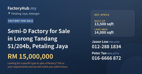 Factory For Sale - Semi-D Factory for Sale in Lorong Tandang 51/204b, Petaling Jaya - Petaling Jaya, Selangor