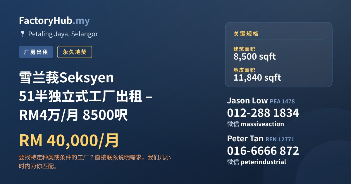 工厂 出租 - 雪兰莪Seksyen 51半独立式工厂出租 – RM4万/月 8500呎 - Petaling Jaya, Selangor
