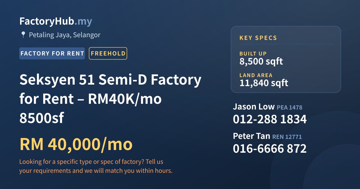 Factory For Rent - Seksyen 51 Semi-D Factory for Rent – RM40K/mo 8500sf - Petaling Jaya, Selangor