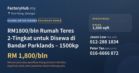 Kediaman Untuk Disewa - RM1800/bln Rumah Teres 2-Tingkat untuk Disewa di Bandar Parklands – 1500kp - Port Klang, Selangor