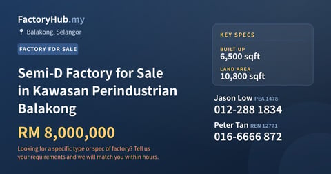 Factory For Sale - Semi-D Factory for Sale in Kawasan Perindustrian Balakong - Balakong, Selangor