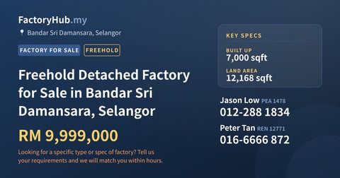 Factory For Sale - Freehold Detached Factory for Sale in Bandar Sri Damansara, Selangor - Bandar Sri Damansara, Selangor