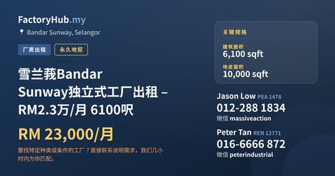 工厂 出租 - 雪兰莪Bandar Sunway独立式工厂出租 – RM2.3万/月 6100呎 - Bandar Sunway, Selangor