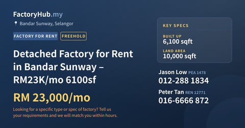 Factory For Rent - Detached Factory for Rent in Bandar Sunway – RM23K/mo 6100sf - Bandar Sunway, Selangor