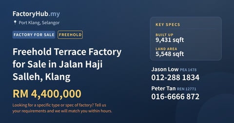 Factory For Sale - Freehold Terrace Factory for Sale in Jalan Haji Salleh, Klang - Port Klang, Selangor