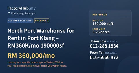Factory For Rent - North Port Warehouse for Rent in Port Klang – RM360K/mo 190000sf - Port Klang, Selangor