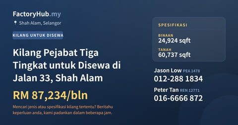 Kilang Untuk Disewa - Kilang Pejabat Tiga Tingkat untuk Disewa di Jalan 33, Shah Alam - Shah Alam, Selangor