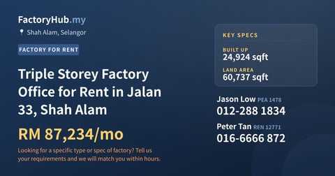 Factory For Rent - Triple Storey Factory Office for Rent in Jalan 33, Shah Alam - Shah Alam, Selangor