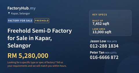 Factory For Sale - Freehold Semi-D Factory for Sale in Kapar, Selangor - Kapar, Selangor