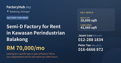Factory For Rent - Semi-D Factory for Rent in Kawasan Perindustrian Balakong - Balakong, Selangor