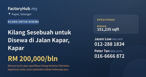 Kilang Untuk Disewa - Kilang Sesebuah untuk Disewa di Jalan Kapar, Kapar - Kapar, Selangor