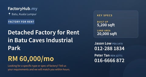 Factory For Rent - Detached Factory for Rent in Batu Caves Industrial Park - Batu, Kuala Lumpur