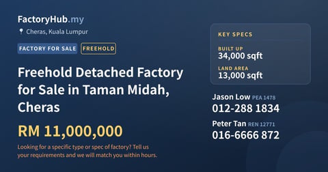 Factory For Sale - Freehold Detached Factory for Sale in Taman Midah, Cheras - Cheras, Kuala Lumpur